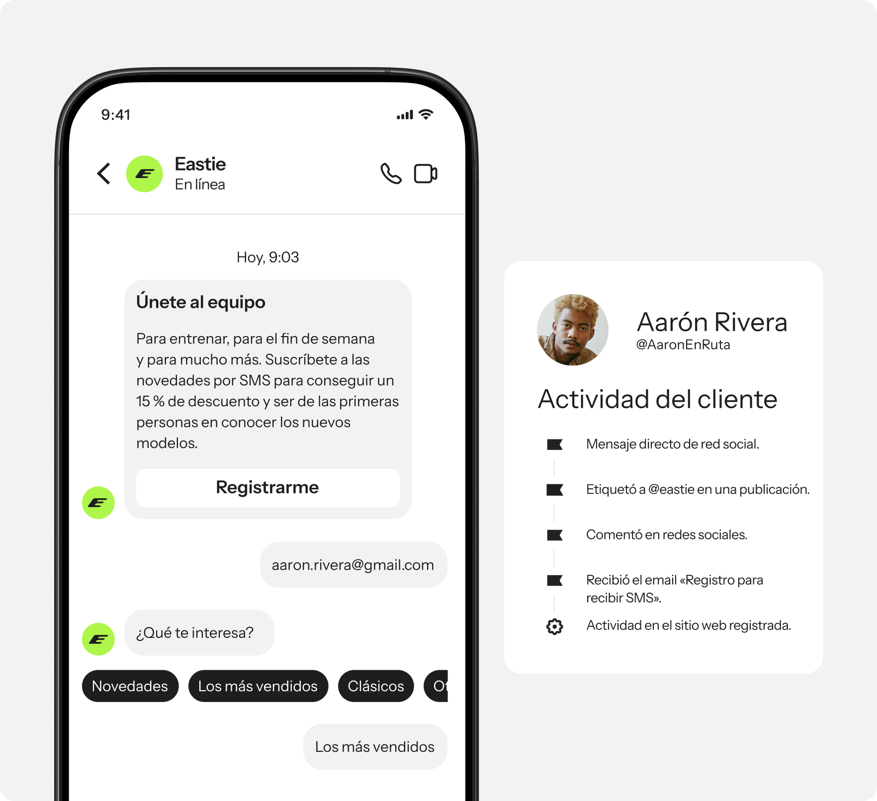A mobile chat screen shows a conversation with "Eastie" inviting subscriptions, displayed next to a customer activity summary card for Aarón Rivera detailing his social media interactions and website activity.