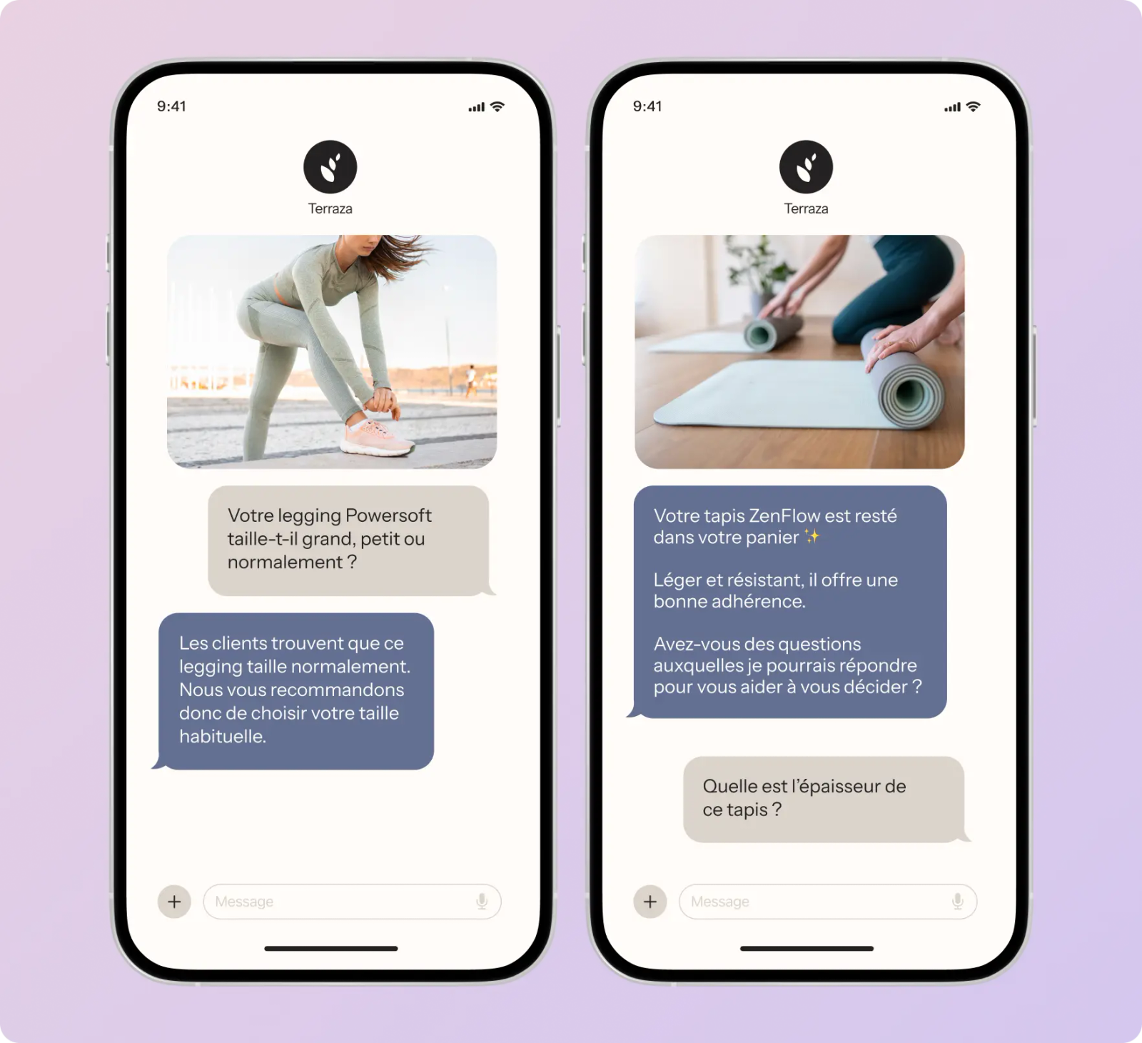 Deux écrans de smartphone affichant des conversations textuelles. À gauche, une image d'une femme en legging. À droite, une image de tapis de yoga.
