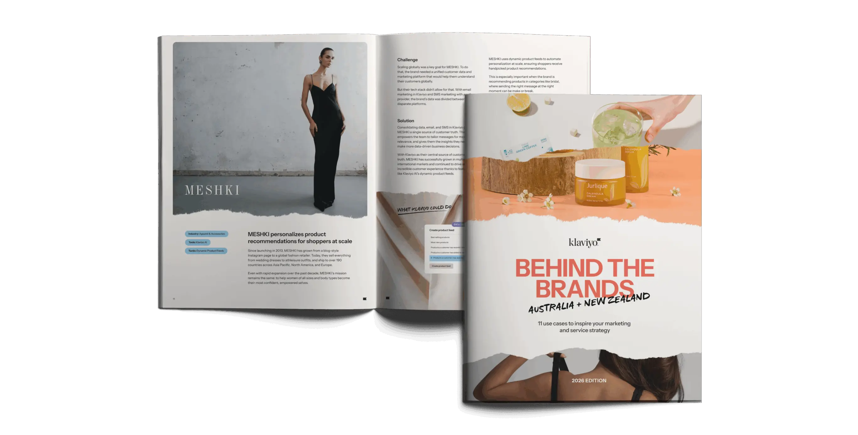Magazine spread featuring a model in a black dress and a cover titled "Behind the Brands: Australia + New Zealand 2026 Edition" by Klaviyo.