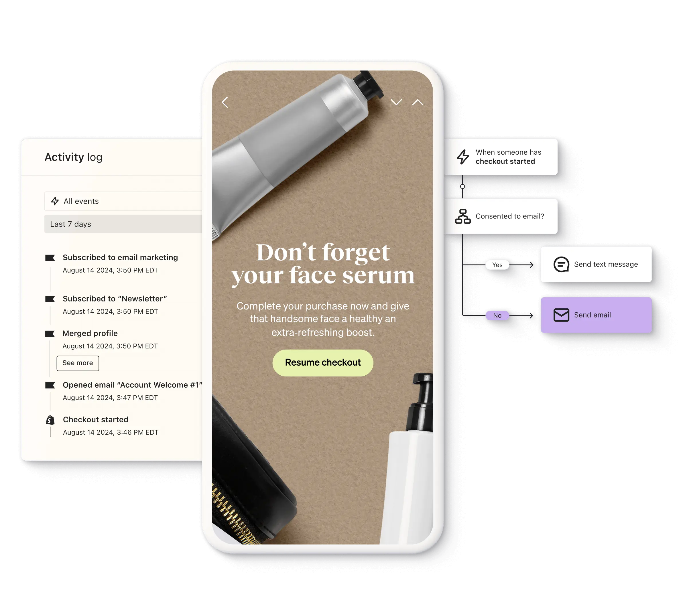 A customer’s activity log, including when a duplicate profile merged. A checkout reminder flow and the personalized email that it will trigger.