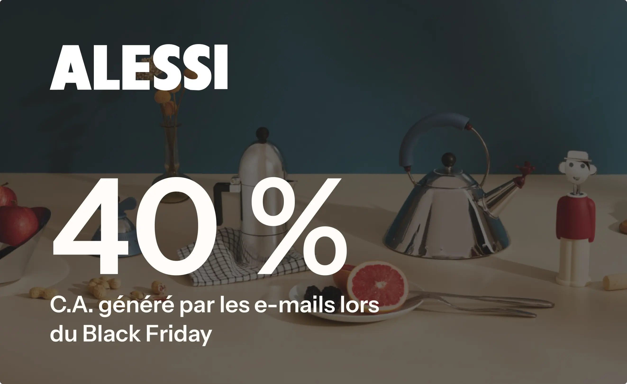 Alessi, 40 % C.A. généré par les e-mails lors du Black Friday. Bouilloire et accessoires de cuisine sur une table.
