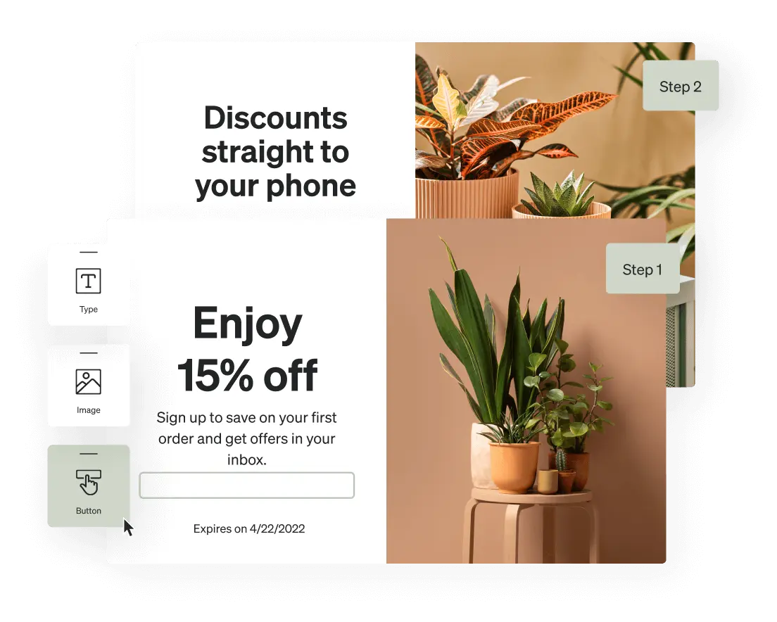 Formulario de registro para recibir ofertas por correo electrónico, entre las que se incluye un 15 % de descuento en el primer pedido