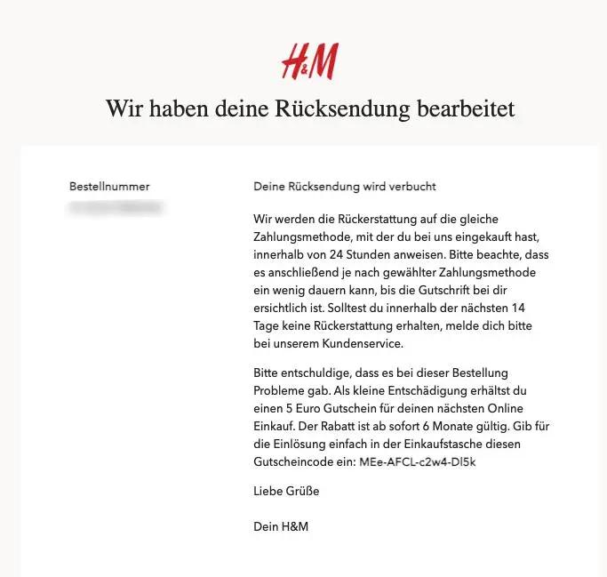 H&M Bestätigungsmail zur Rücksendung mit Informationen zur Erstattung und einem 5-Euro-Gutschein als Entschädigung.