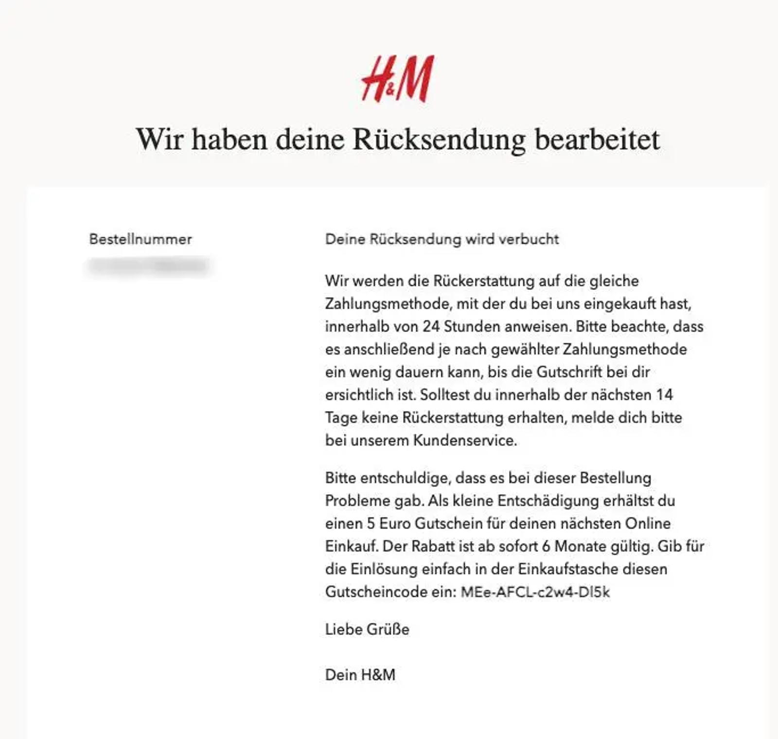 H&M Bestätigungsmail zur Rücksendung mit Informationen zur Erstattung und einem 5-Euro-Gutschein als Entschädigung.