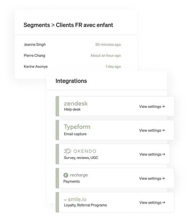 Two snapshots of the Klaviyo dashboard offer a look into a user’s “UK customers w/ children” segment and integrations