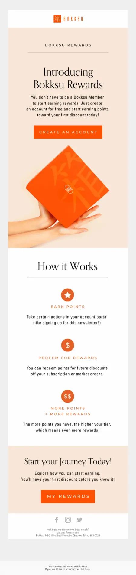 Bokksu Rewards program introduction with steps to earn and redeem points. Includes "Create an Account" and "My Rewards" buttons.