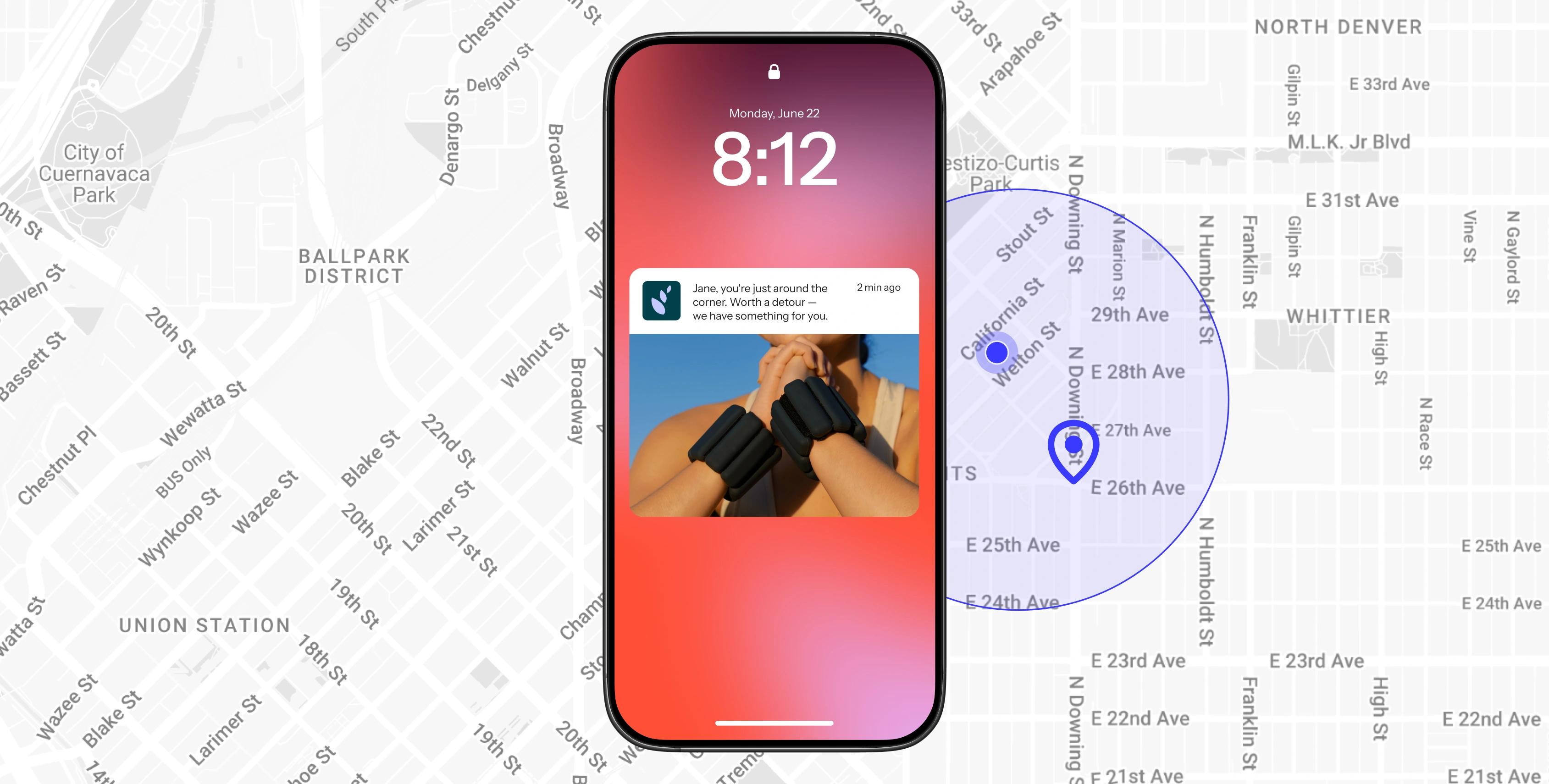 Smartphone displays a nearby friend notification over a Denver map with location pins and a radius.