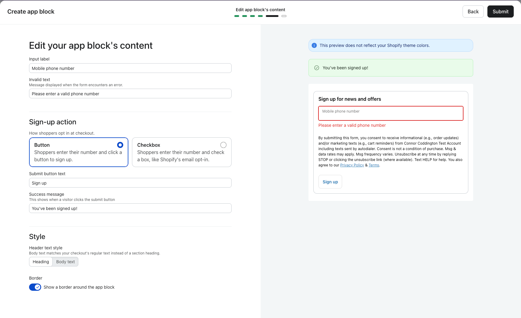 An app block content editor showing configuration options on the left, with 'Button' selected for sign-up action, and a preview on the right. The preview displays a 'Sign up for news and offers' form with a red-bordered 'Mobile phone number' field and 'Please enter a valid phone number' error, along with a 'You've been signed up!' message.