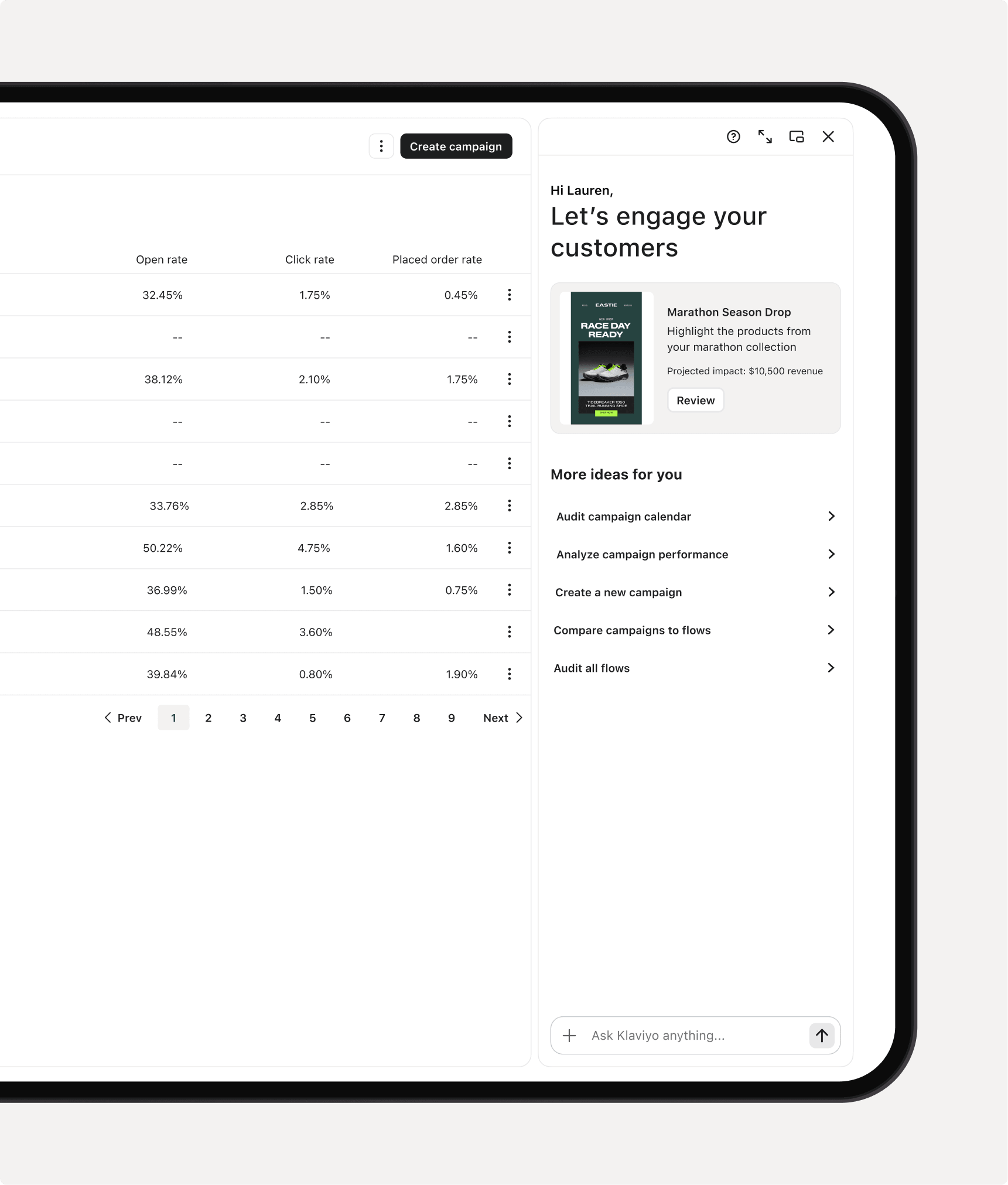 A tablet displaying a marketing dashboard with campaign performance metrics, product recommendations, and an AI assistant.