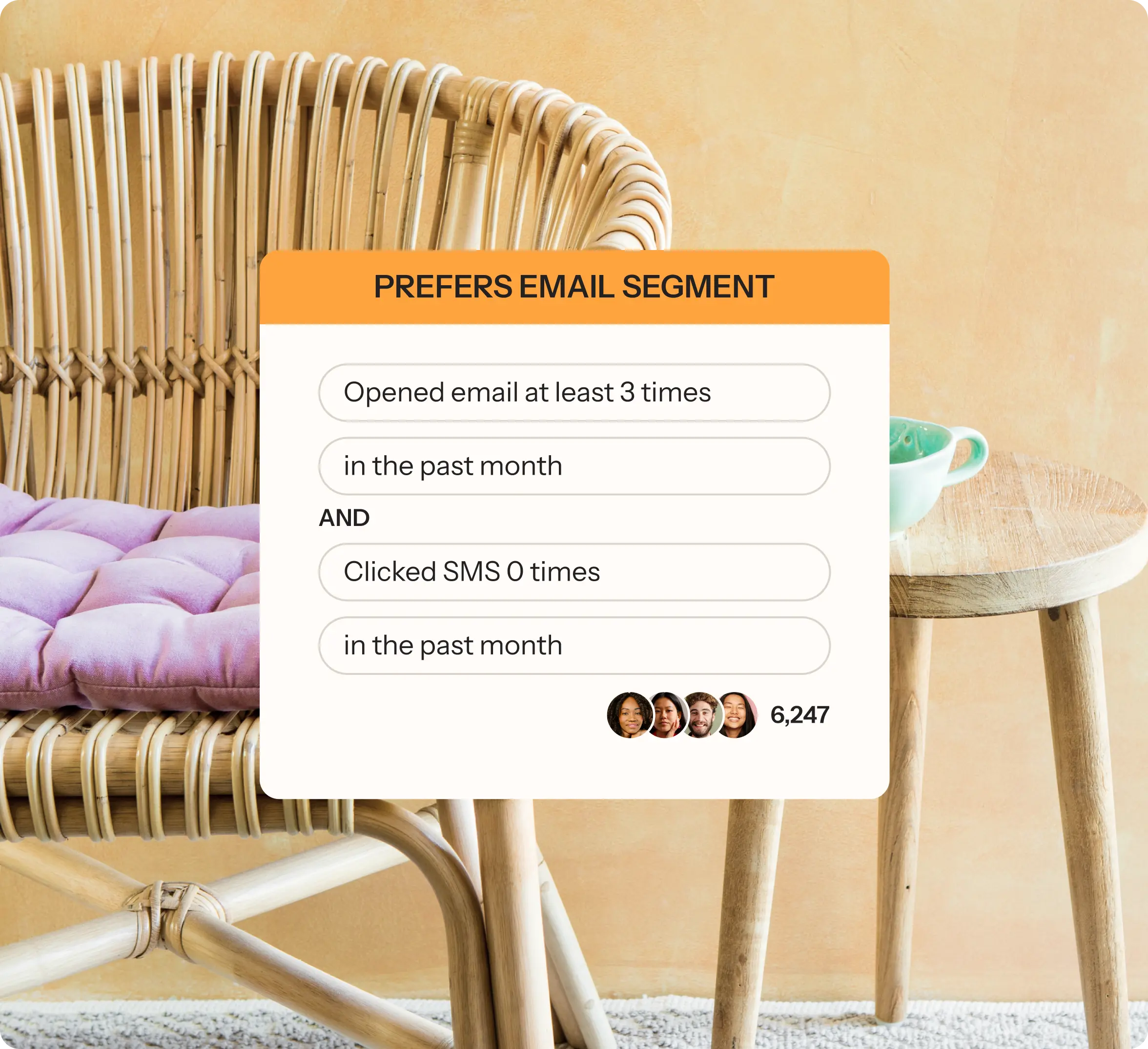 Custom segments in Klaviyo showing criteria such as opened email at least 3 times in the past month and clicked SMS 0 times in the past month