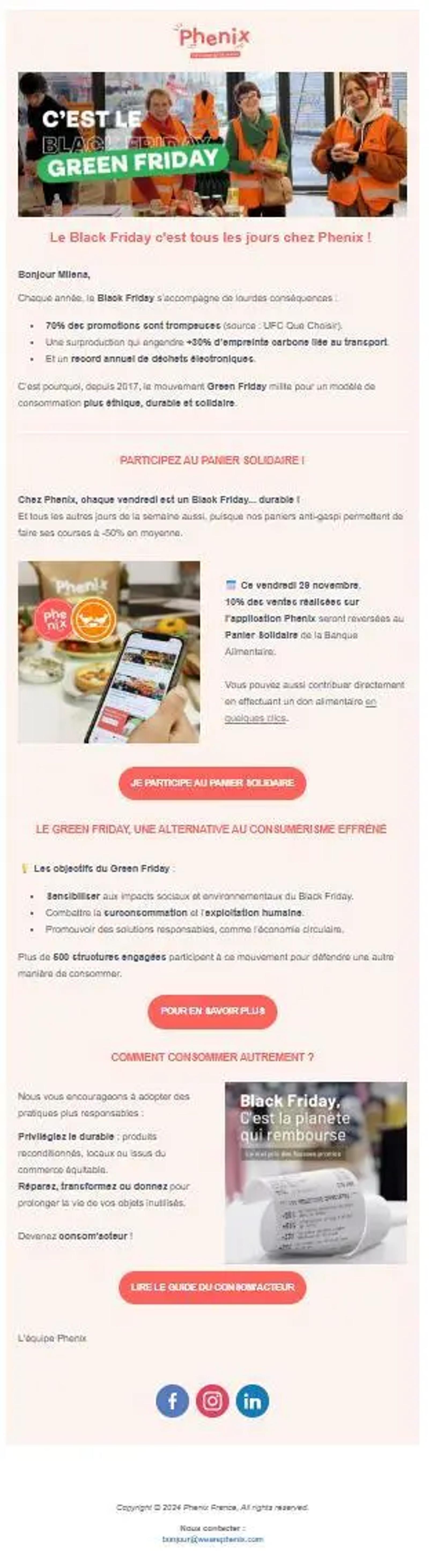 Newsletter Green Friday de Phenix promouvant une consommation durable, avec dons reversés à la Banque Alimentaire et conseils anti-gaspi pour limiter l’impact du Black Friday.