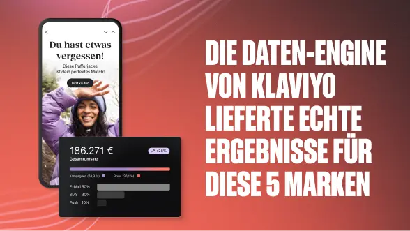 Smartphone mit einer Benachrichtigung und eine Grafik mit Umsatzdaten. Text: "Die Daten-Engine von Klaviyo lieferte echte Ergebnisse für diese 5 Marken.