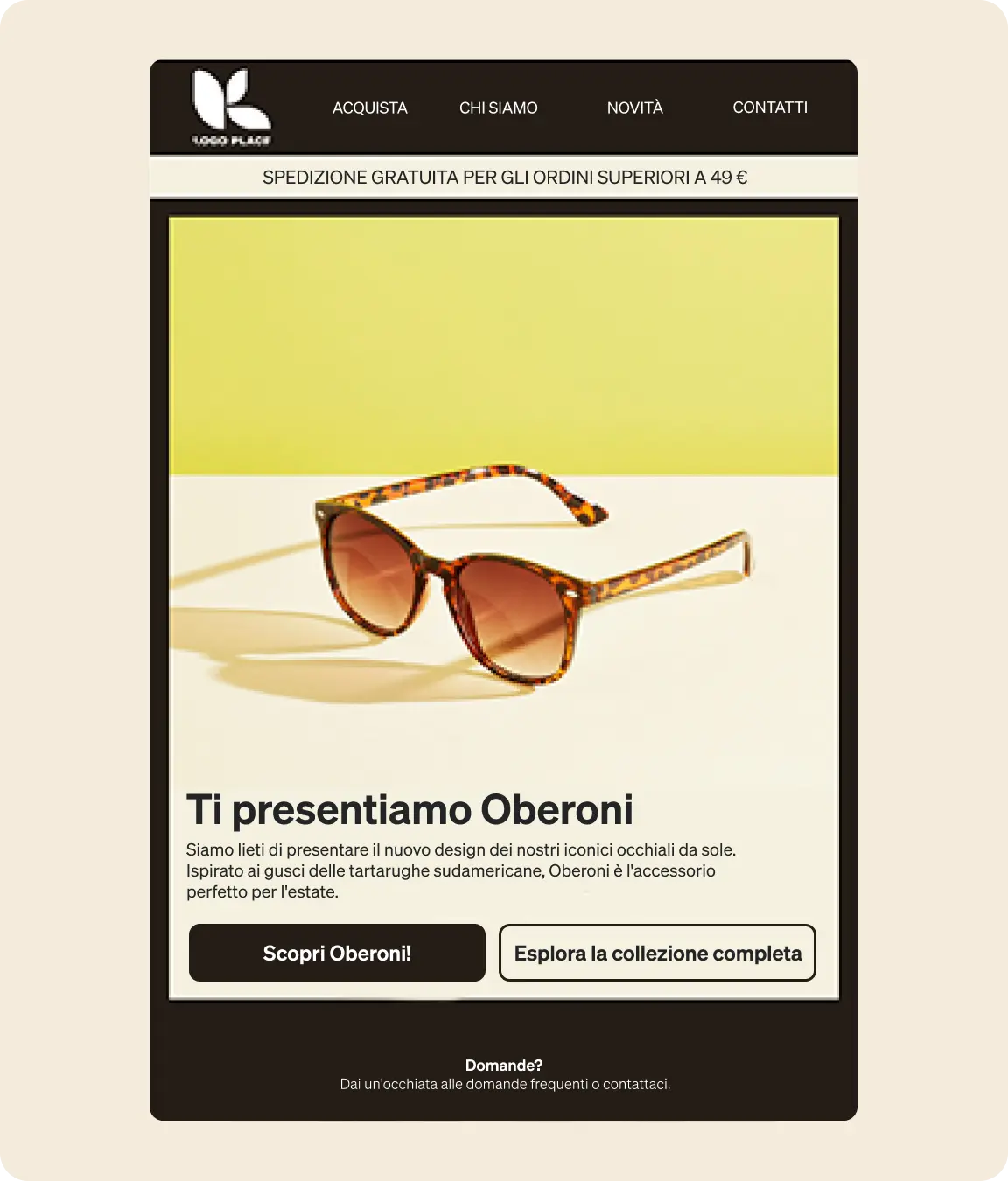 Occhiali da sole tartarugati con lenti marroni su sfondo giallo. Testo promozionale per il modello Oberoni.