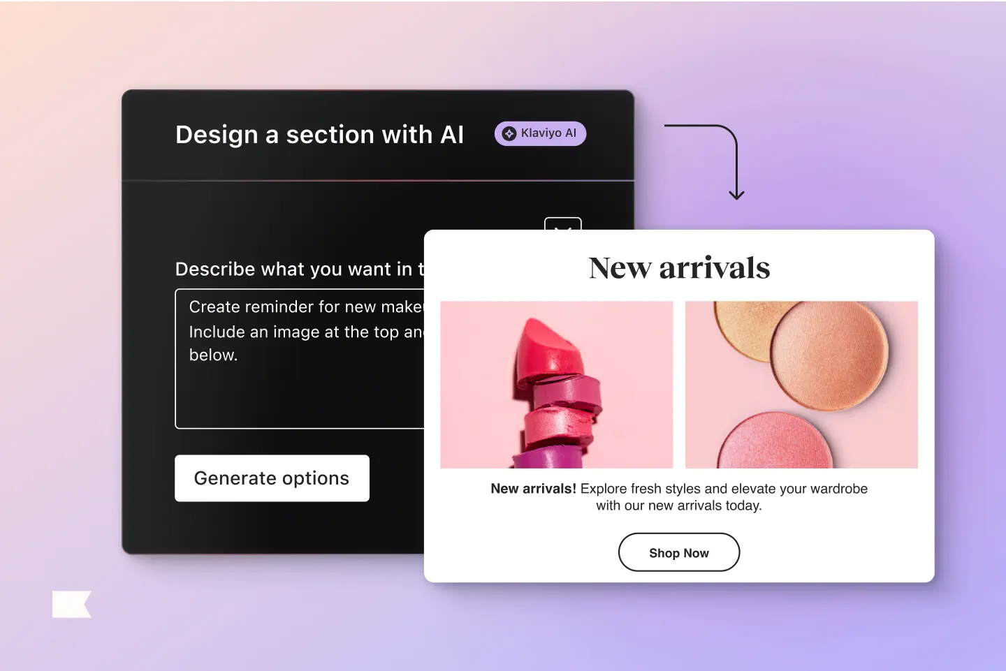 Interface showing AI-generated content creation. Includes a "New arrivals" section with makeup images and a "Shop Now" button.