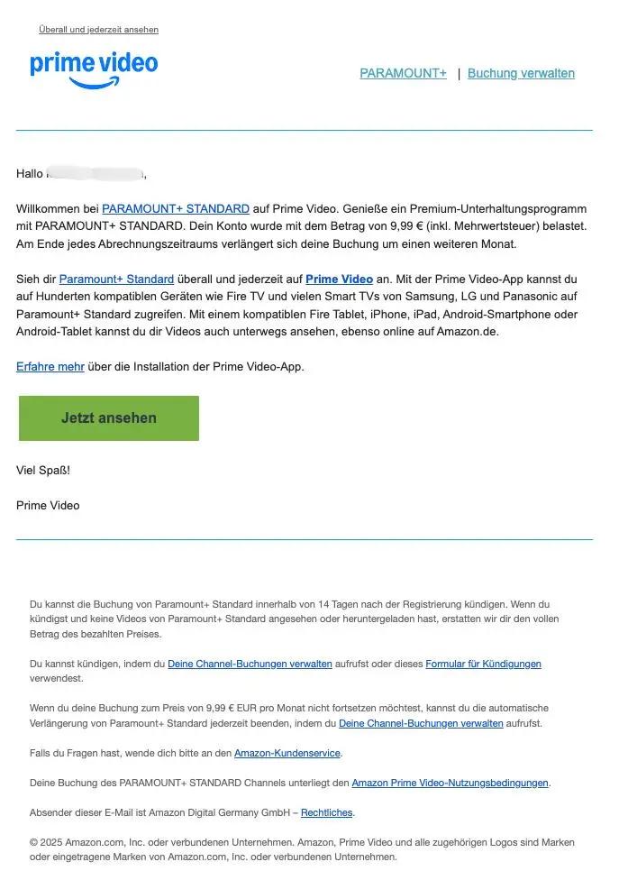 Bestätigungsmail von Prime Video für ein Paramount+ Standard-Abonnement. Details zur Buchung und Nutzung sind enthalten.