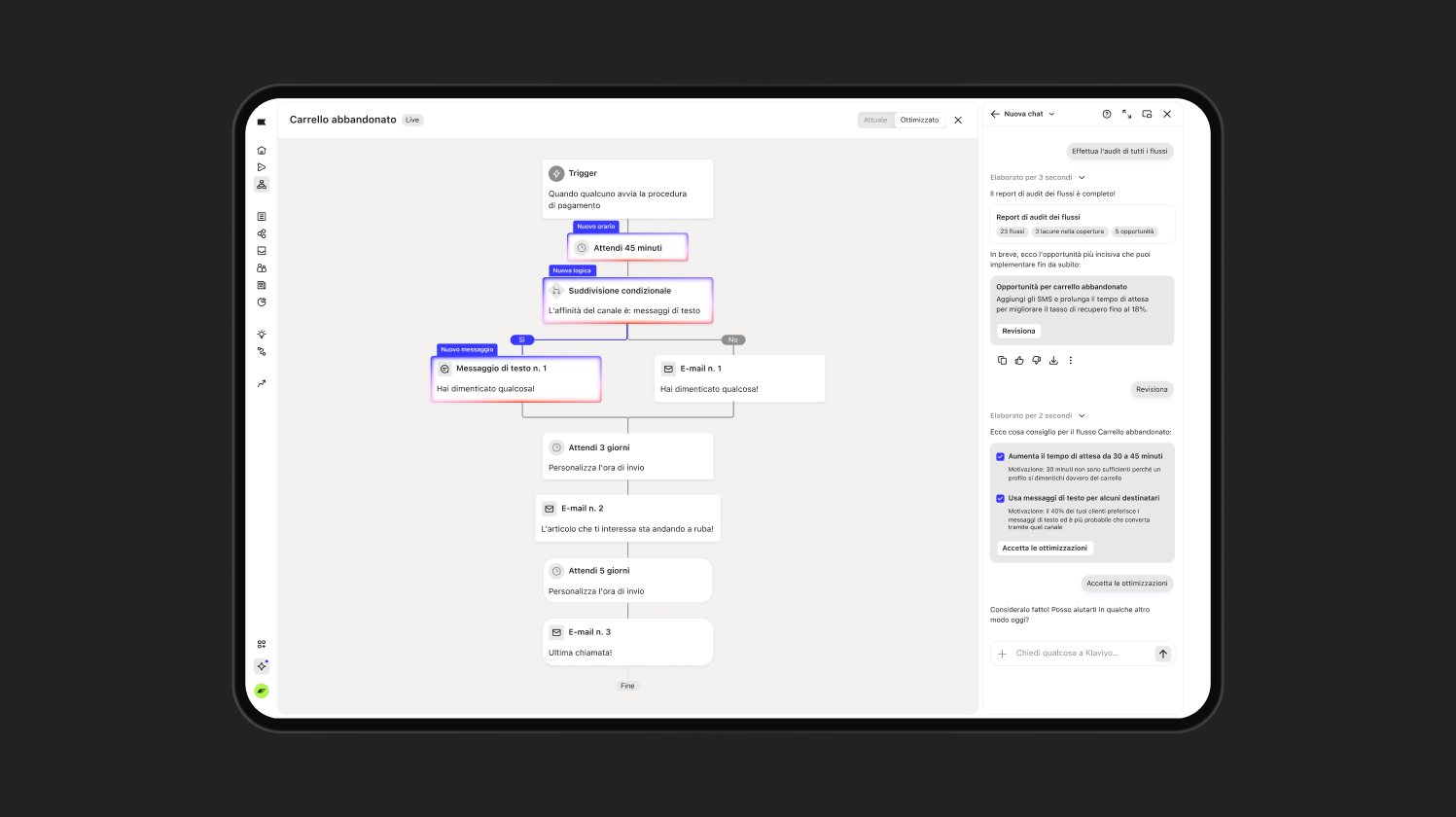 A tablet displays a workflow automation software interface with a flowchart for an abandoned cart sequence.