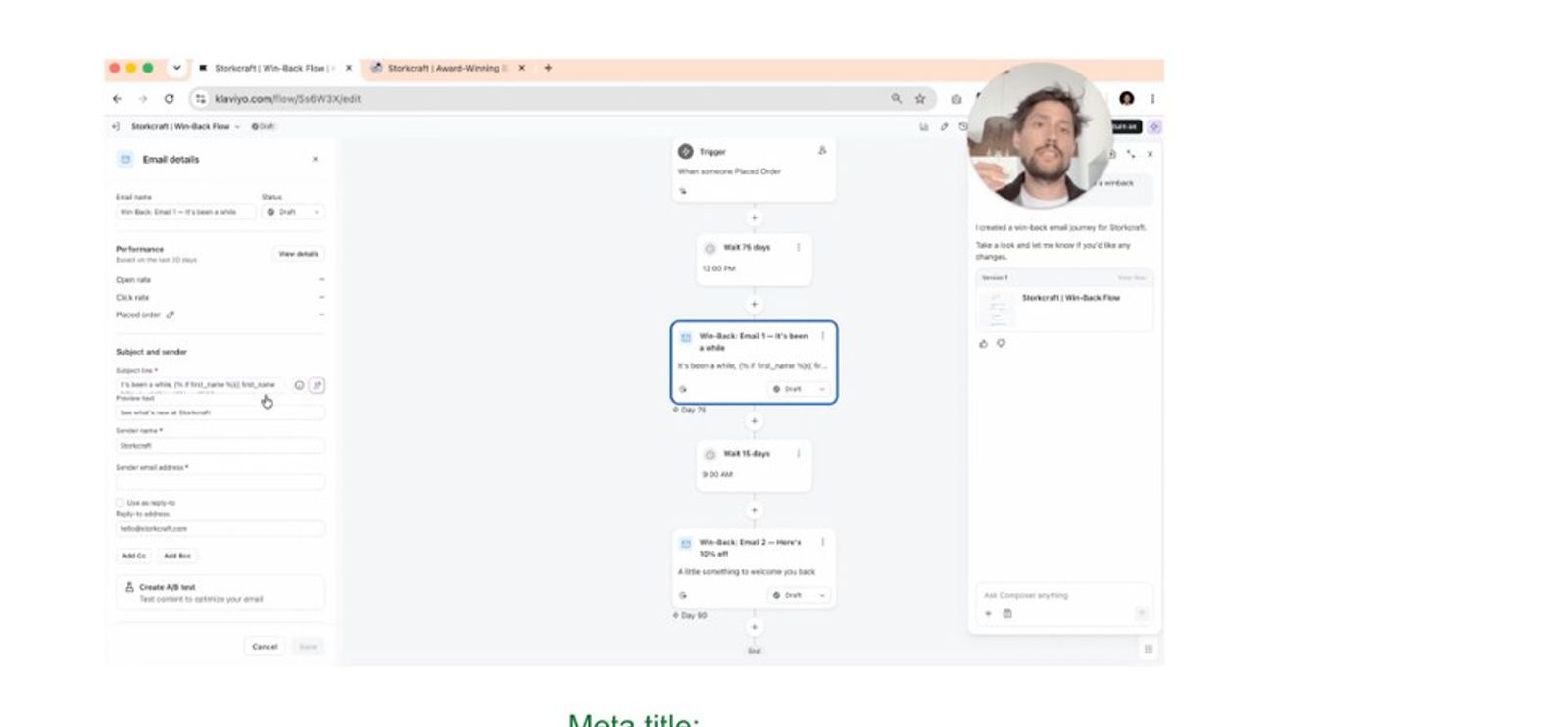 Email automation platform interface displaying an email workflow editor, detailed email settings, and a video call window.
