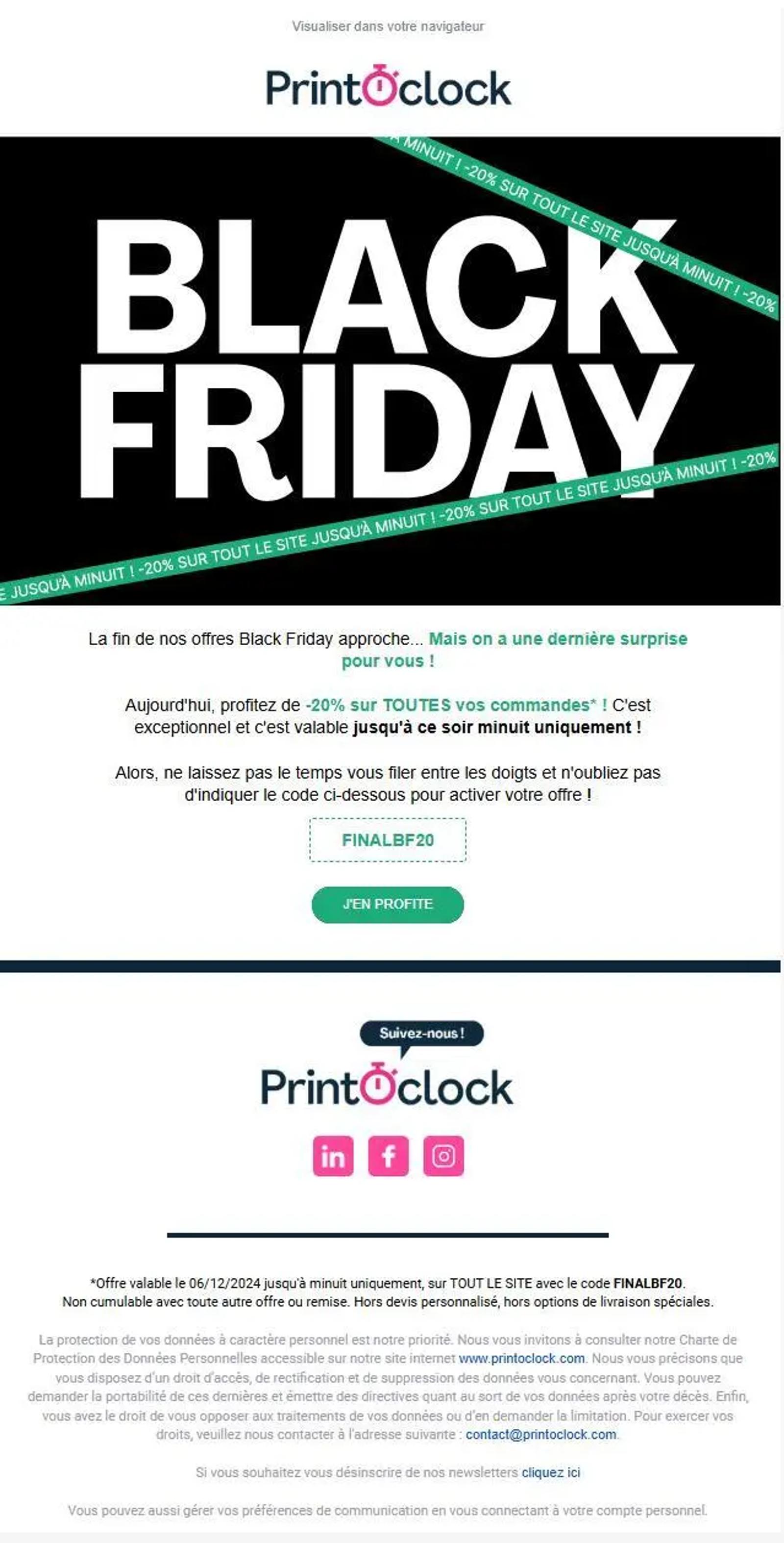 Newsletter de Printoclock annonçant une offre Black Friday avec -20% sur tout le site jusqu'à minuit, code promo FINALBF20.