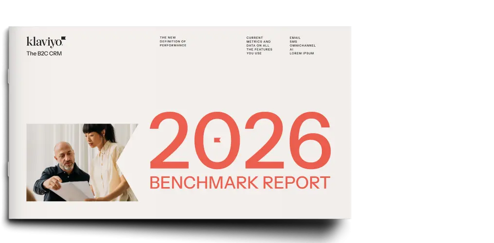 Klaviyo 2026 Benchmark Report cover with two people reviewing a document.