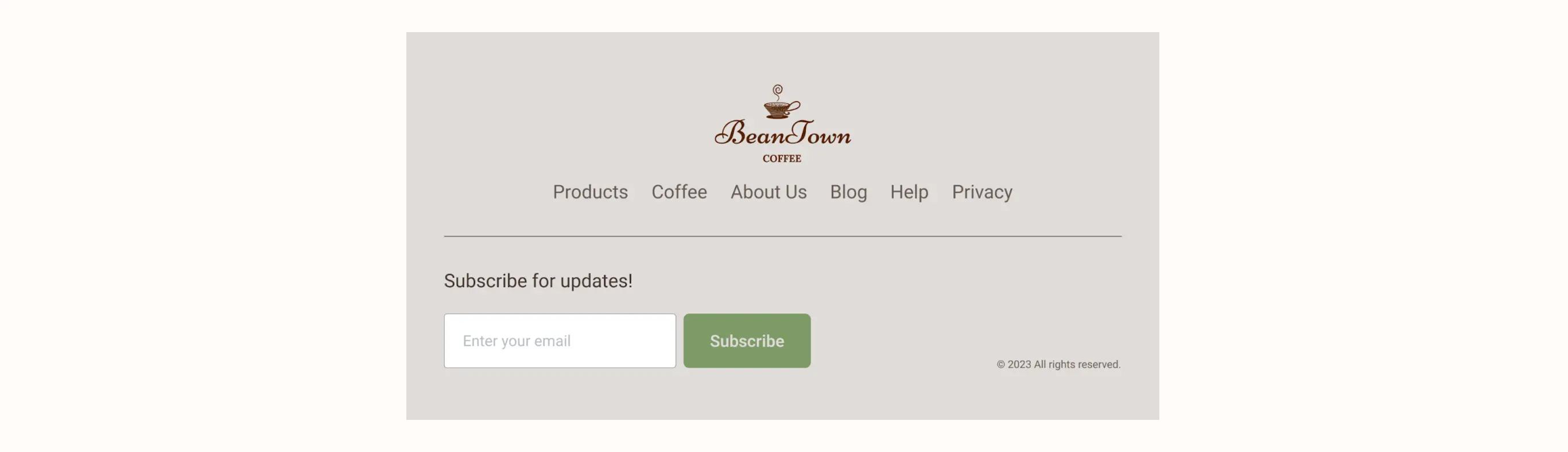 Beantown Coffee-Logo mit Navigationsleiste und E-Mail-Abonnementfeld. Links zu Produkten, Kaffee, Blog und mehr.