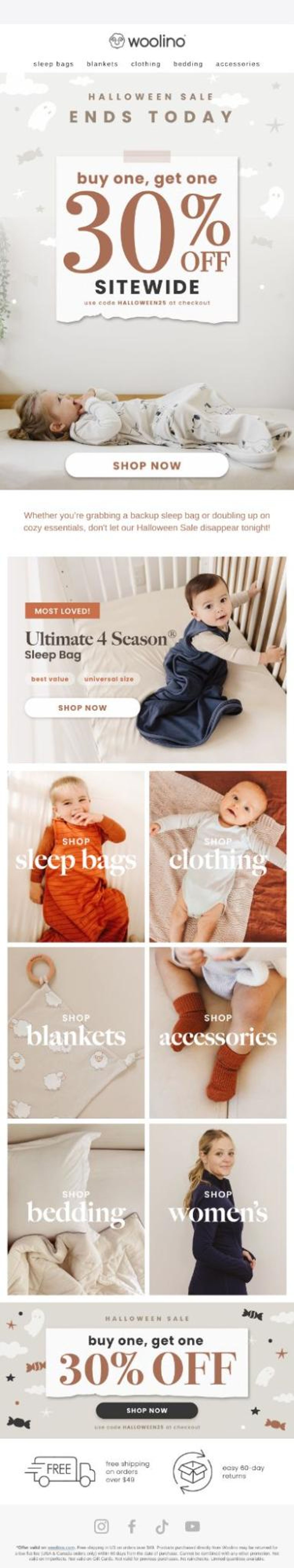 Woolino Halloween Sale: Buy one, get one 30% off sitewide on baby and women's products using code HALLOWEEN25. Sale ends today.