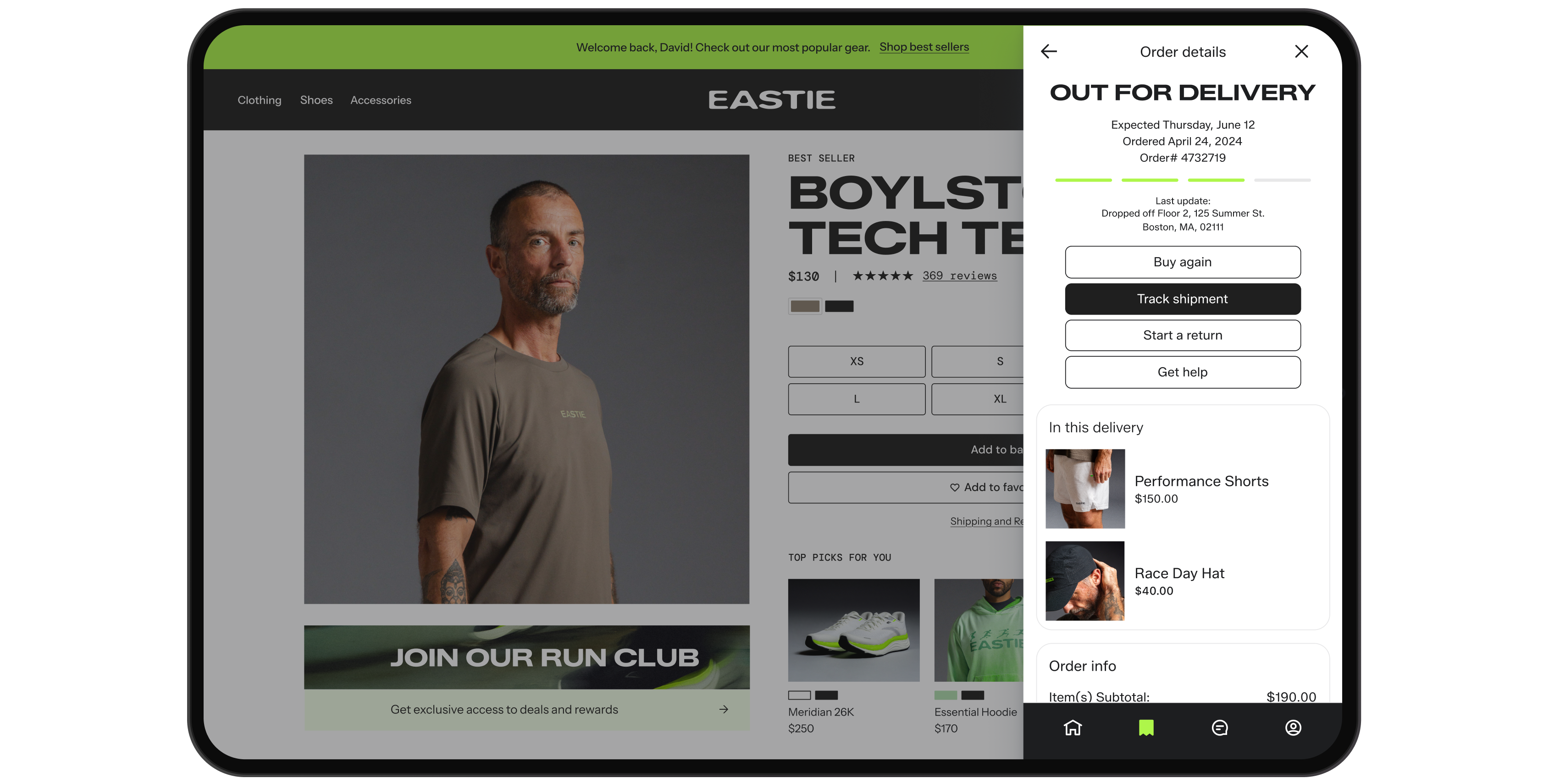 EASTIE apparel product page beside a mobile order details screen showing an order out for delivery.