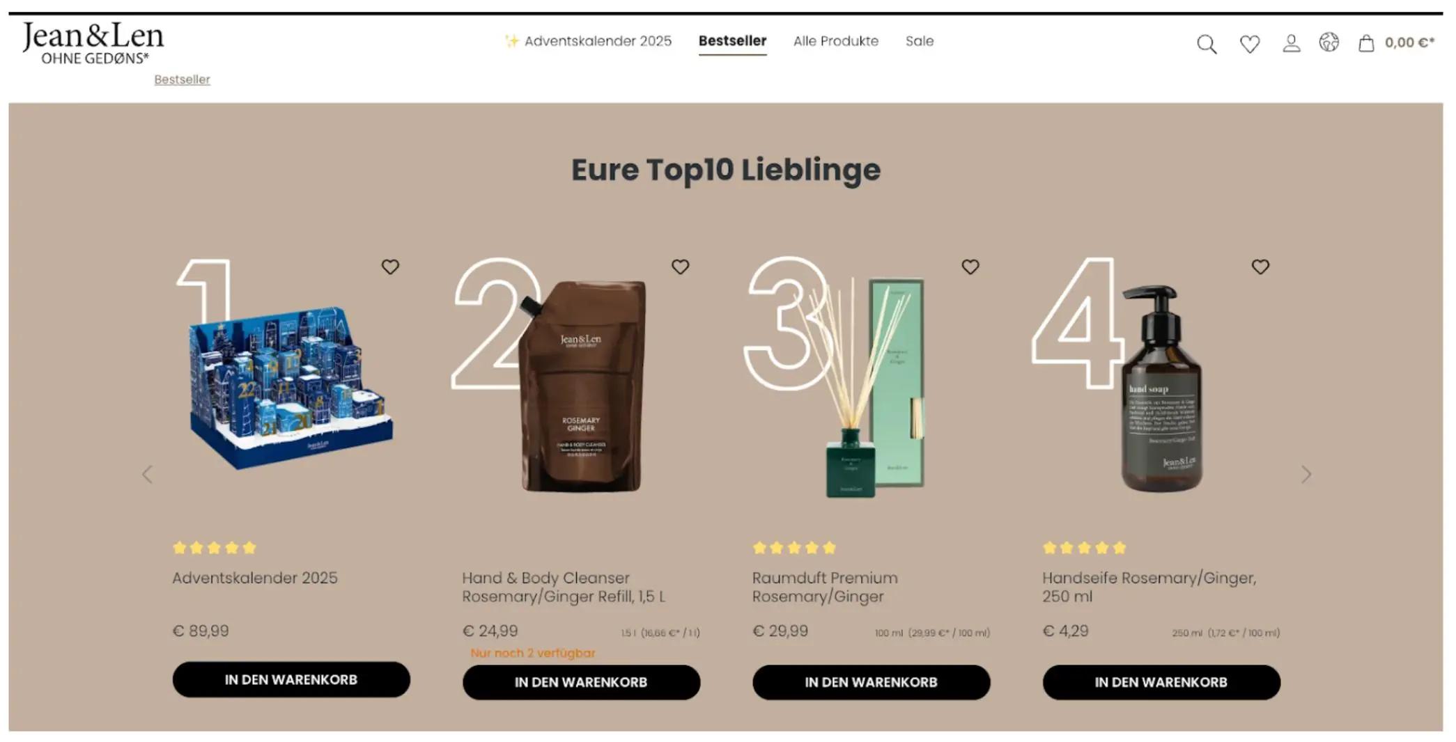 Jean & Len Webseite zeigt Top 10 Produkte: Adventskalender 2025, Hand & Body Cleanser, Raumduft, Handseife.
