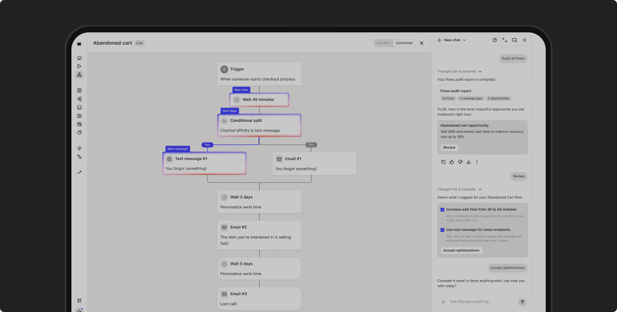A digital tablet displays an "Abandoned cart" workflow diagram, a chat interface with optimization suggestions, and a large play button overlay.