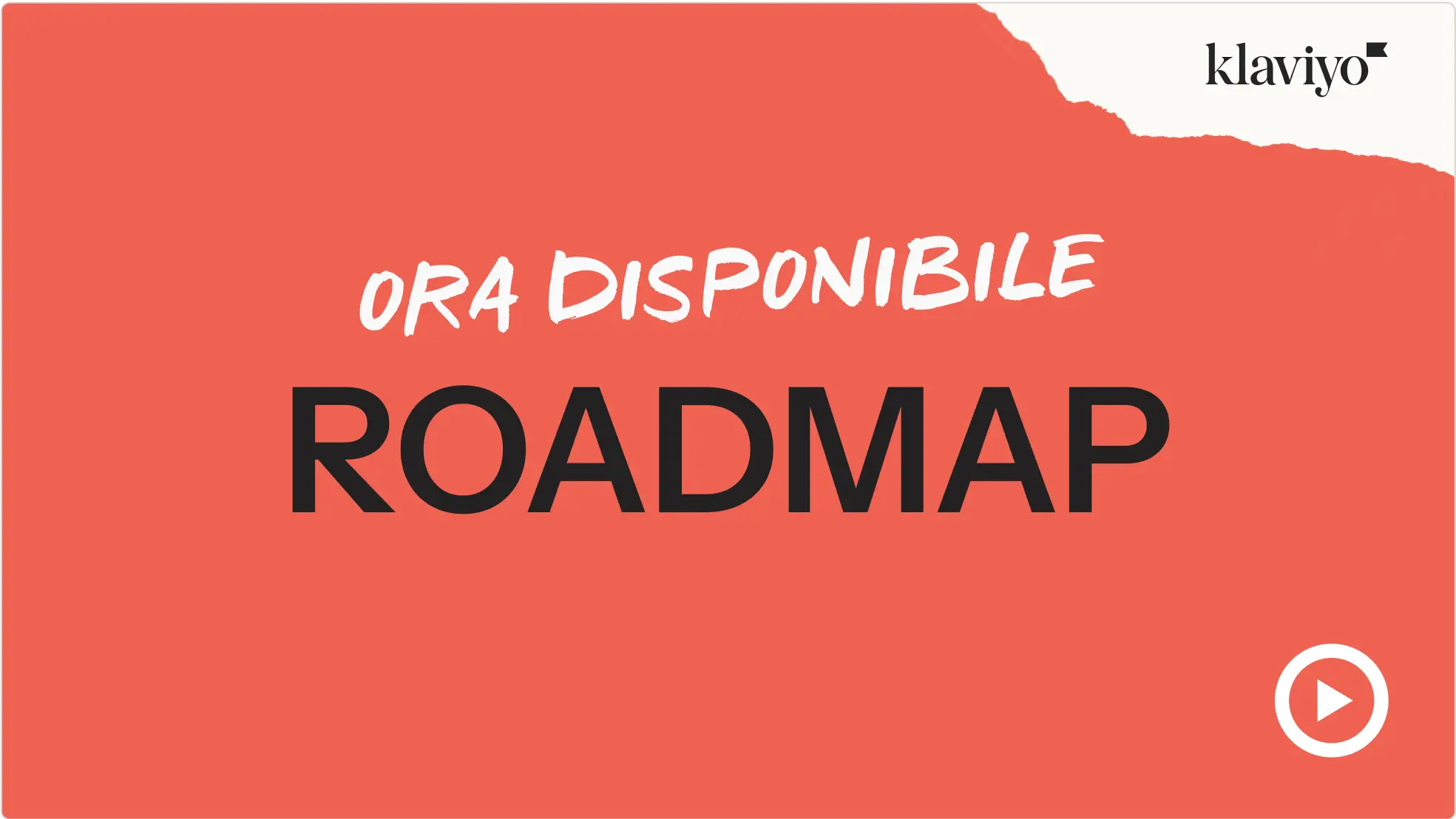 Copertina video con testo "Ora disponibile ROADMAP" e logo Klaviyo in alto a destra. Icona di riproduzione in basso a destra.