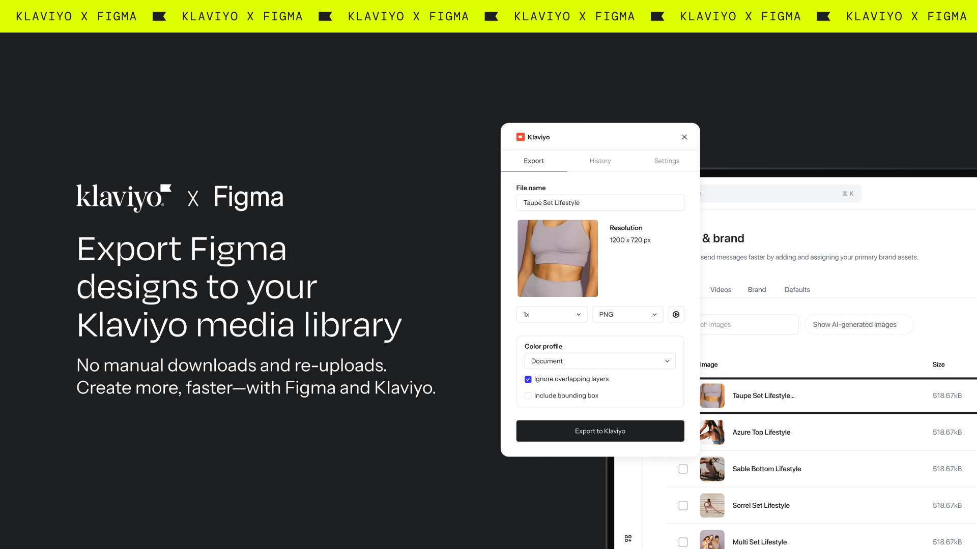Klaviyo x Figma integration screen showing a design export dialog and media library.