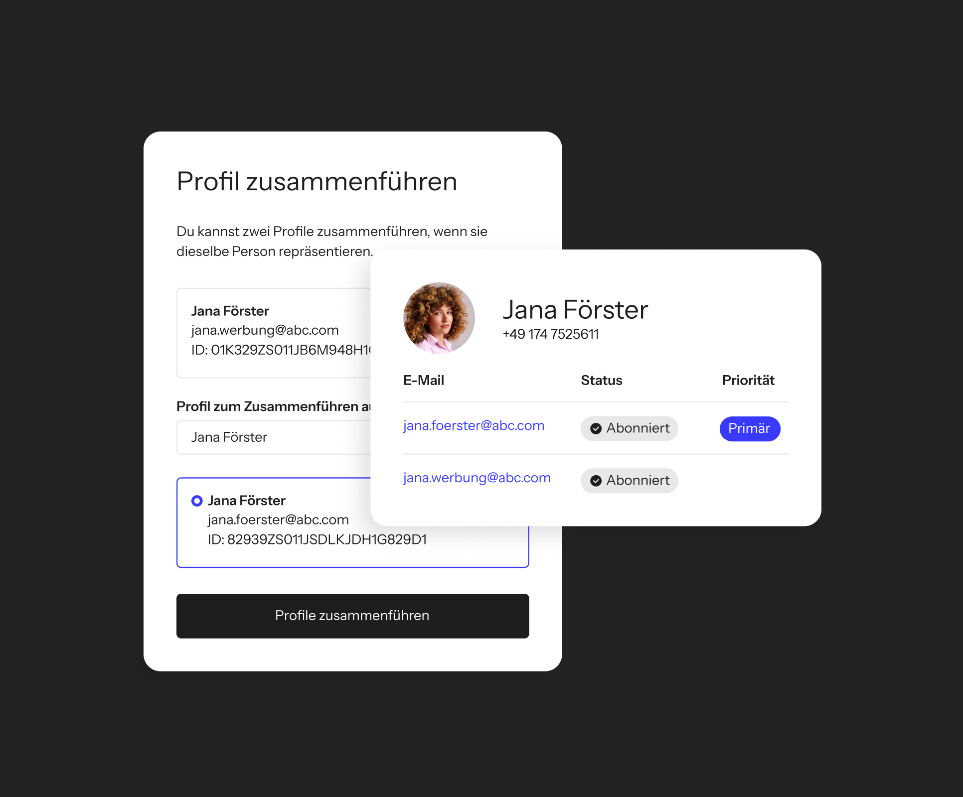The Klaviyo "Merge profile" interface combining two Jane Foster profiles into one, with jane.foster@abc.com set as the primary email and jane.promos@abc.com as a secondary, both subscribed.