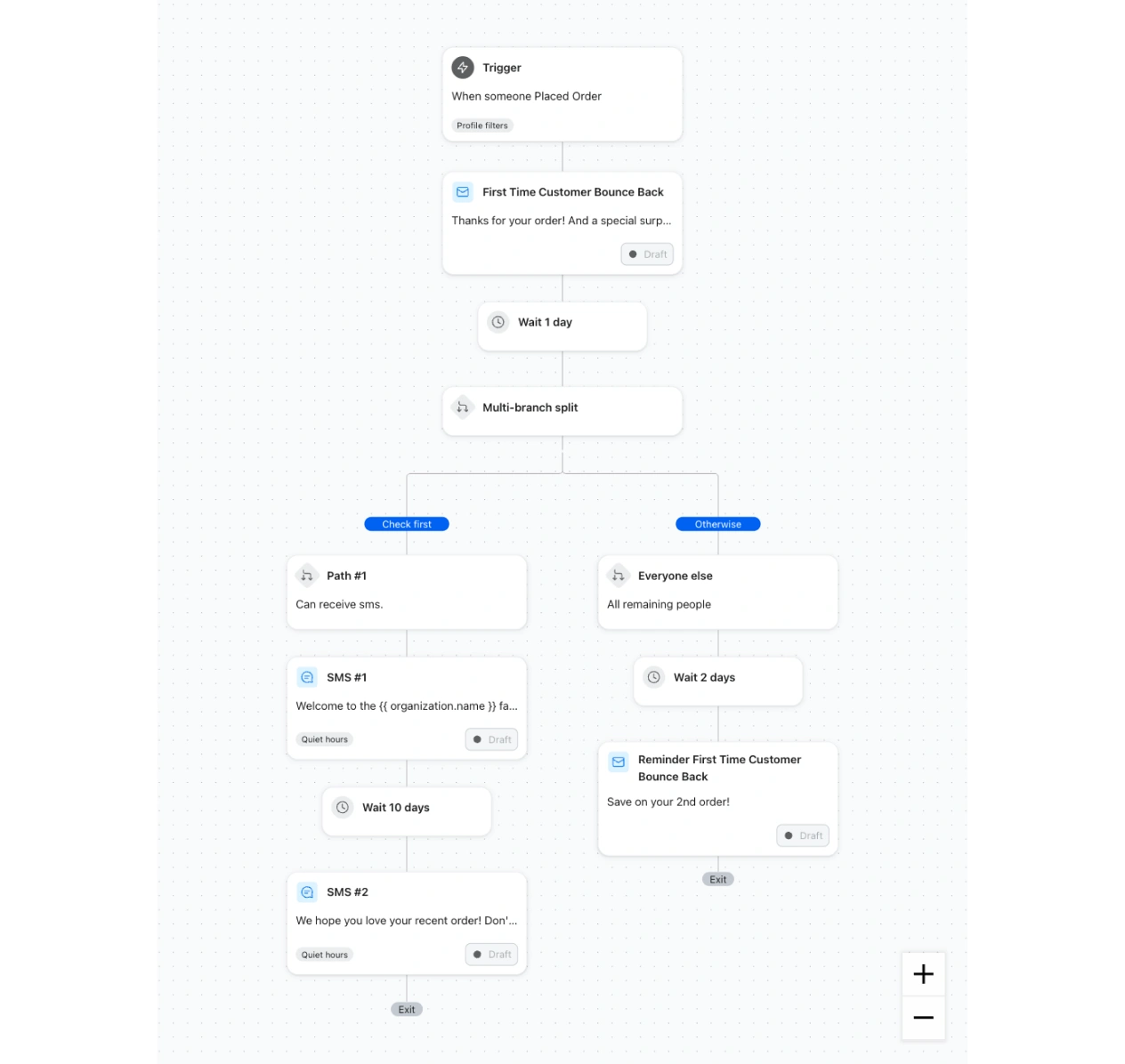 Customer automation flow branches after an order into timed SMS and email follow-ups.