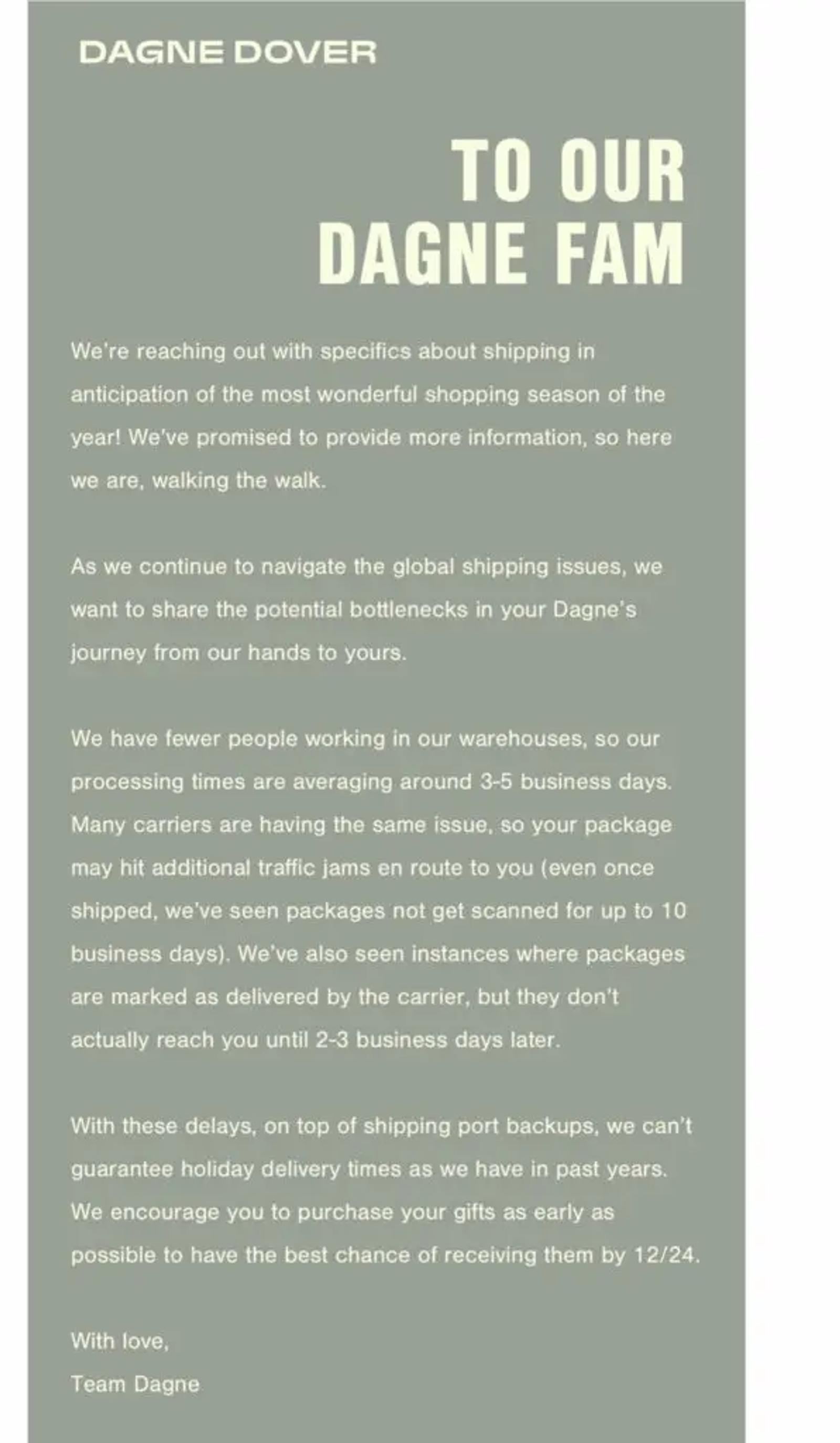 Image shows a plain text email from bag brand Dagne Dover, informing readers about “specifics about shipping in anticipation of the most wonderful shopping season of the year.” The email is signed, “with love, team Dagne,” and contains no CTA button or promotional content.