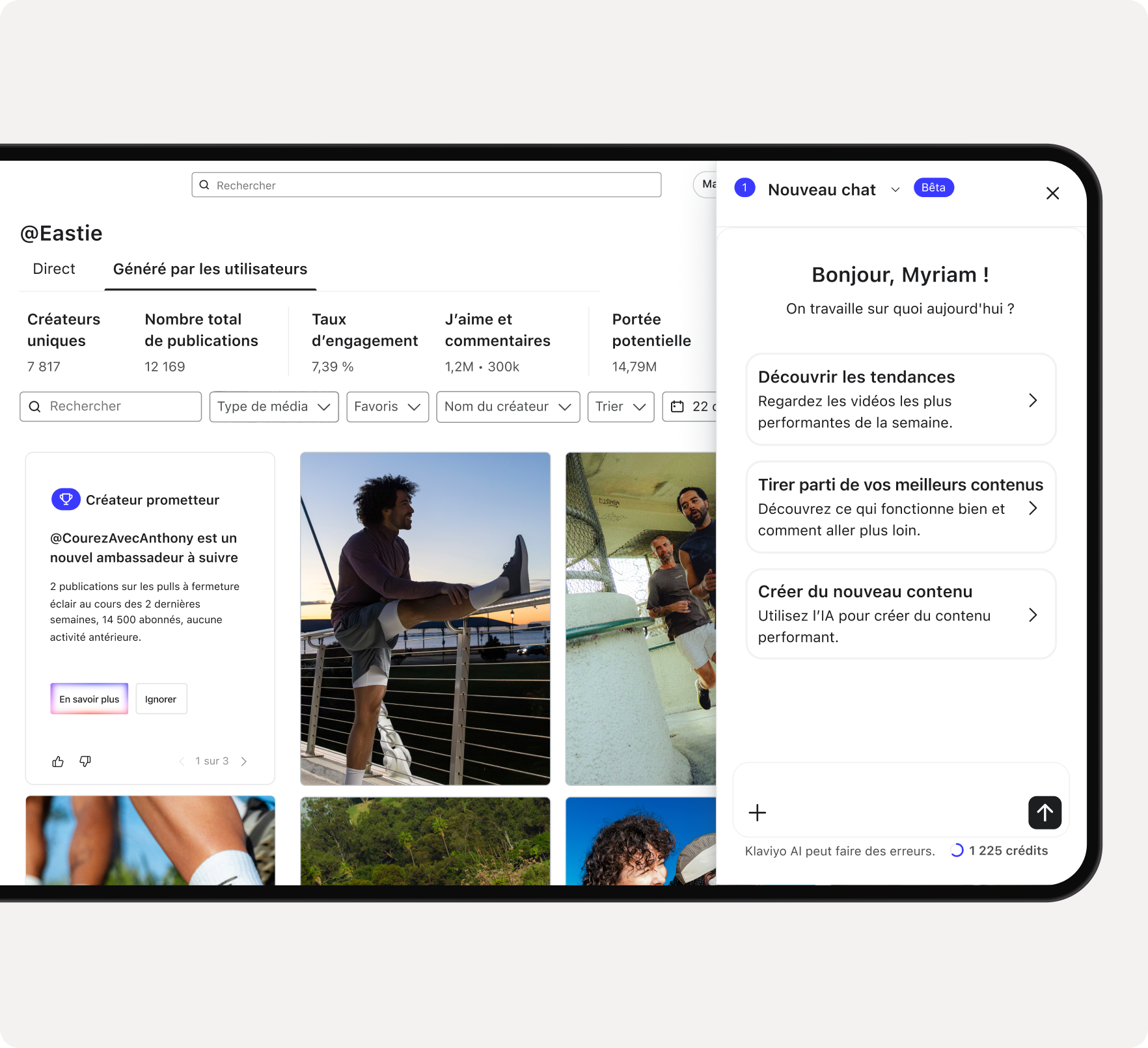 A digital app interface displaying social media analytics for '@Eastie' on the left, with user-generated content, and an AI chat assistant offering content creation and trend suggestions on the right, in French.