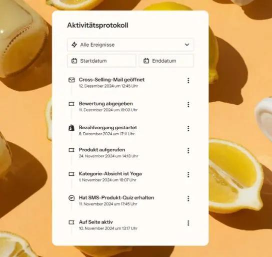 Aktivitätsprotokoll mit Ereignissen wie E-Mail-Öffnung und Bewertung, auf einem Hintergrund mit Zitronen.