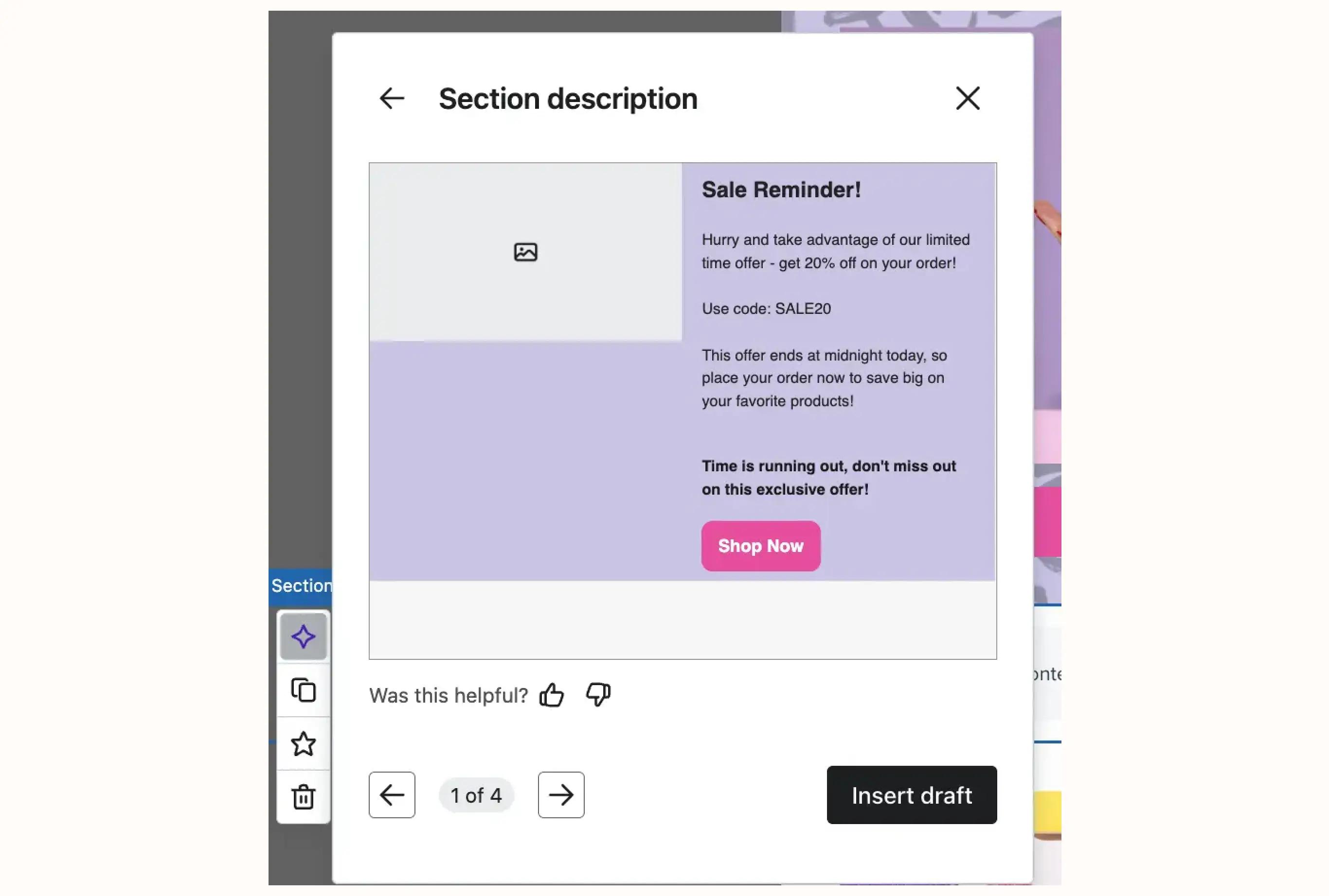 Popup window with a sale reminder offering 20% off using code SALE20. Includes a "Shop Now" button.
