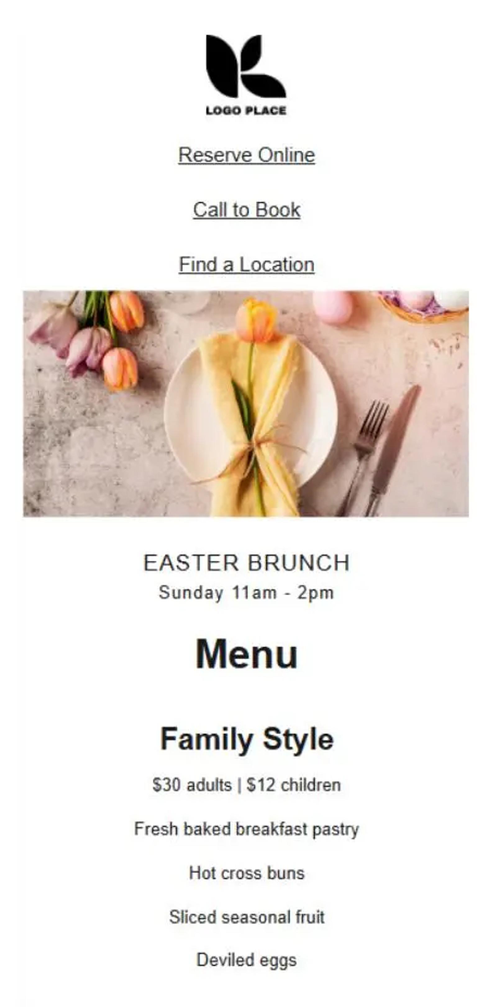Osterbrunch-Menü mit Tulpen, Besteck und Serviette. Angebote: Frühstücksgebäck, Hot Cross Buns, Obst, gefüllte Eier.