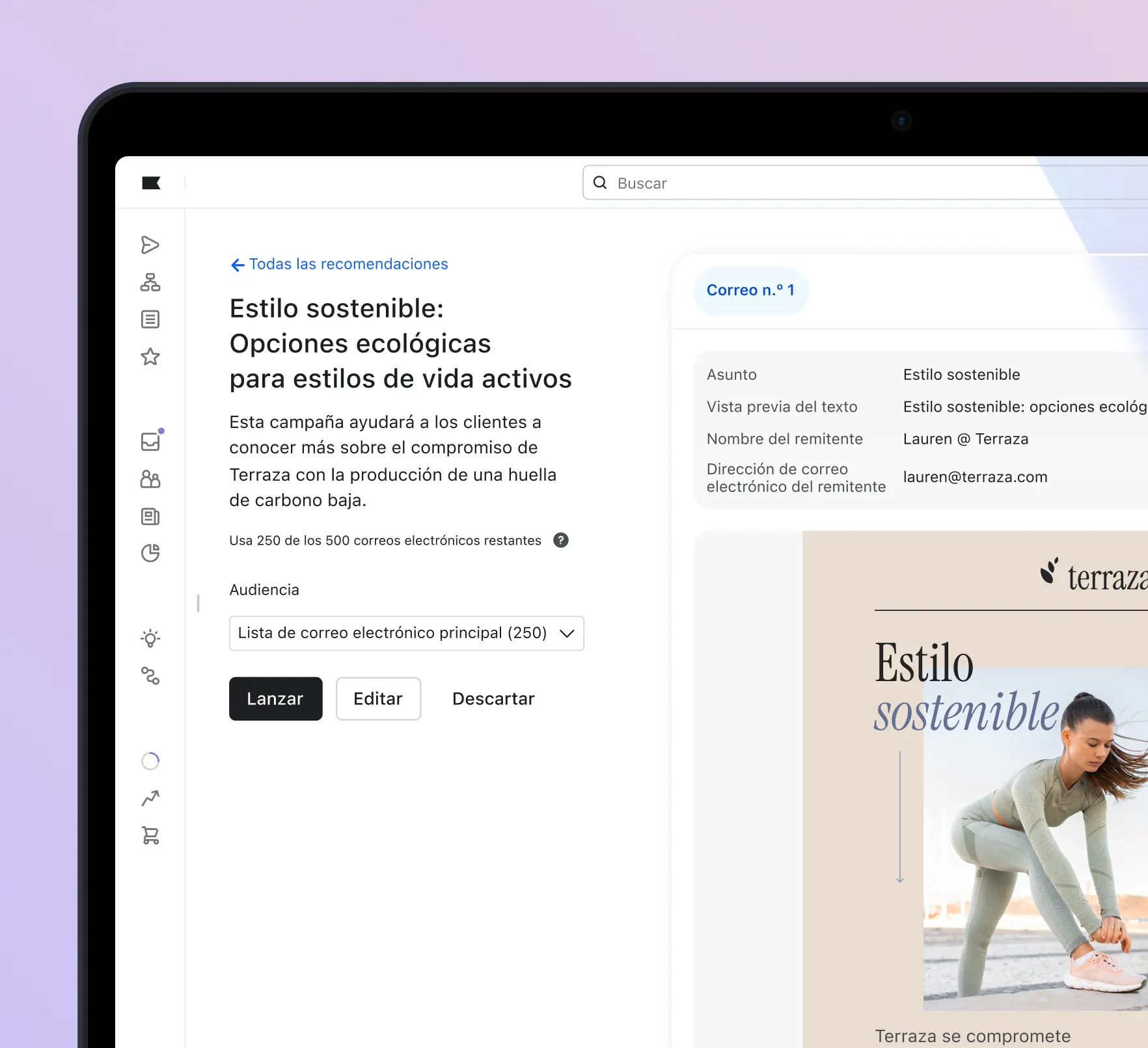 Pantalla de una campaña de correo electrónico titulada "Estilo sostenible: Opciones ecológicas para estilos de vida activos" de Terraza.