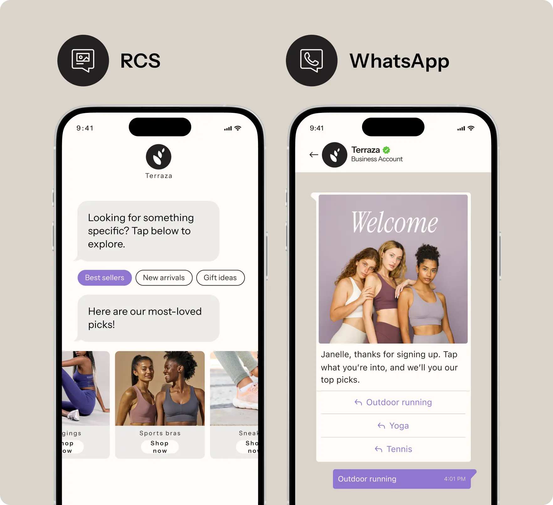 Two smartphones display messaging apps. The left shows RCS with shopping options; the right shows WhatsApp with a welcome message.