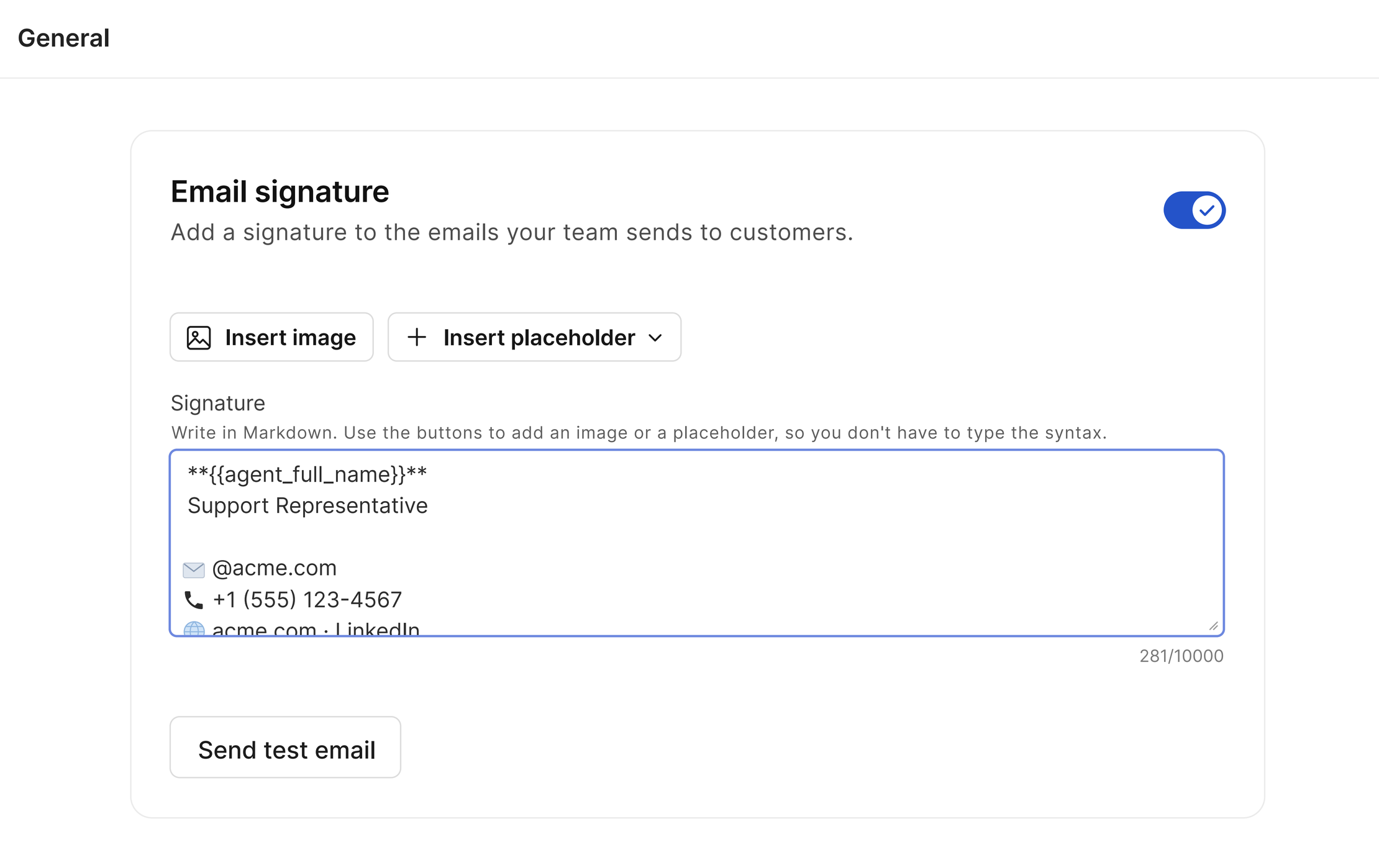 Email signature settings page with a sample signature including placeholders for name, email, phone, and links.
