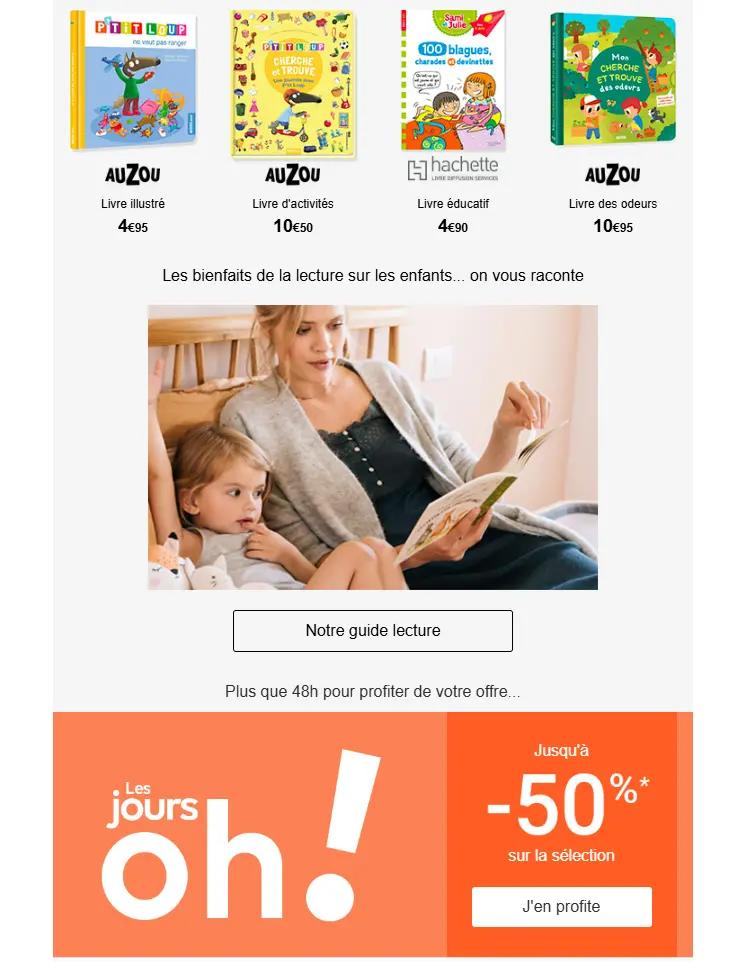  Newsletter promotionnelle pour une offre de livres pour enfants à l'occasion de Pâques. Plusieurs livres illustrés et éducatifs sont présentés avec leurs prix. Une image montre une mère lisant une histoire à son enfant, accompagnée d'un bouton d'appel à l'action pour découvrir un guide de lecture. Une bannière orange en bas annonce une réduction jusqu'à -50% sur une sélection d'articles.