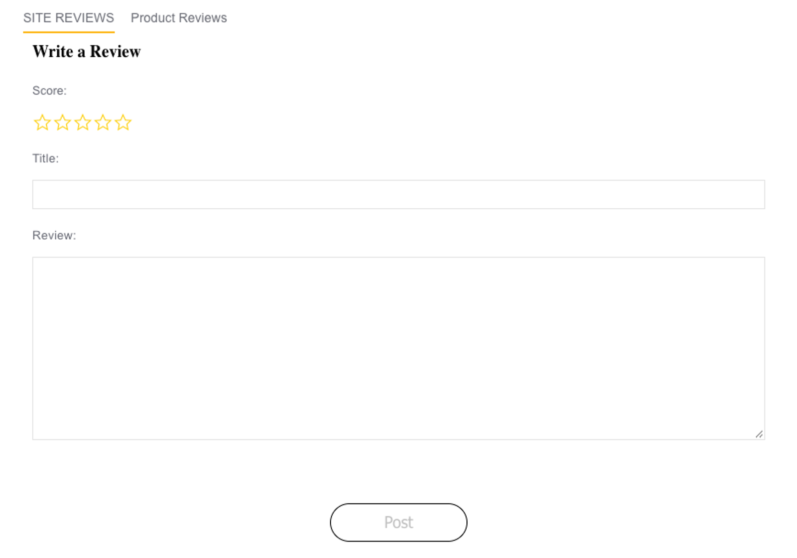 Screenshot of Raen’s website where users can leave a product review. At the top, a small headline reads, “Write a review” with the option to score the product on 1–5 gold stars. Underneath there are white textboxes set against a white background with a gray border for the review title and body copy.