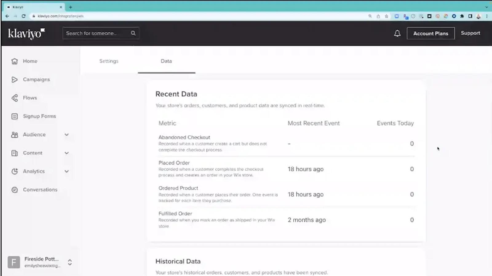 Image shows recent data within the Klaviyo dashboard.