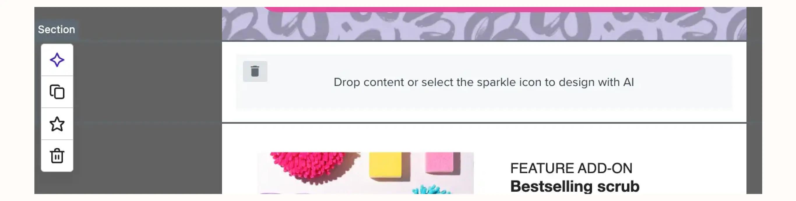 Email design interface with icons for sparkle, copy, favorite, and delete. Text prompt: "Drop content or select the sparkle icon to design with AI.