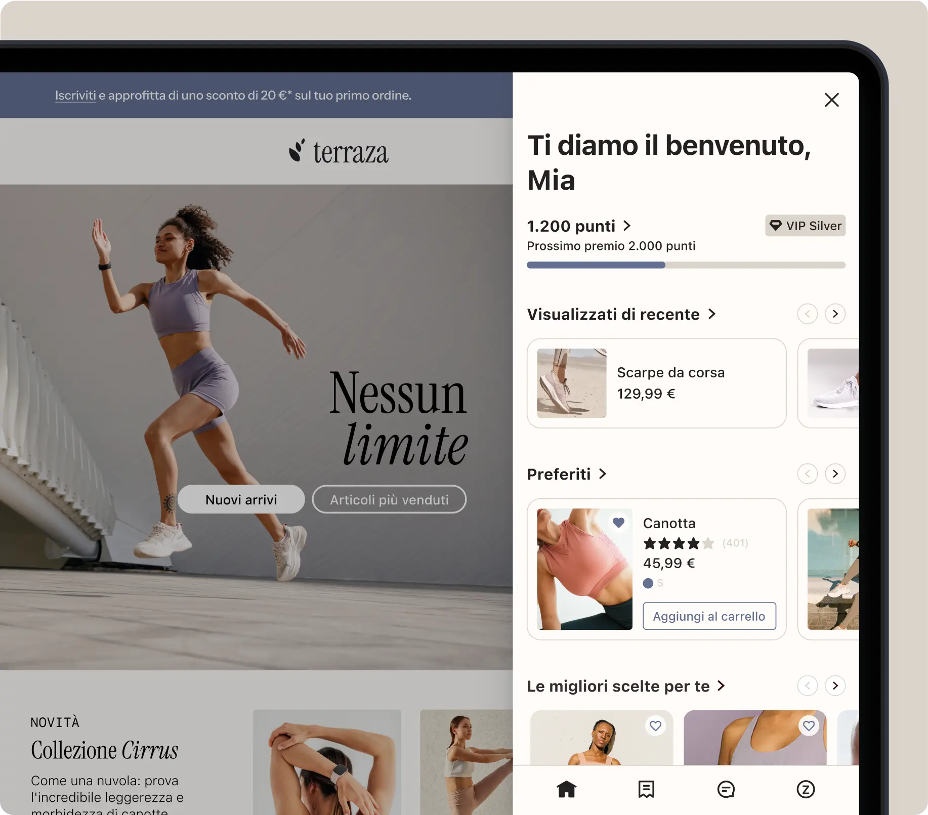 Una donna corre in abbigliamento sportivo, con la scritta "No limits". La barra laterale mostra un profilo cliente con punti, articoli visualizzati di recente e preferiti.