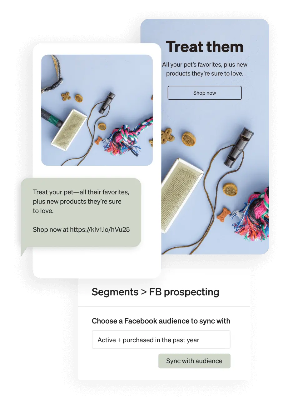 Snapshots of two screens showcase how a brand can use Klaviyo to reach customers via SMS and email marketing