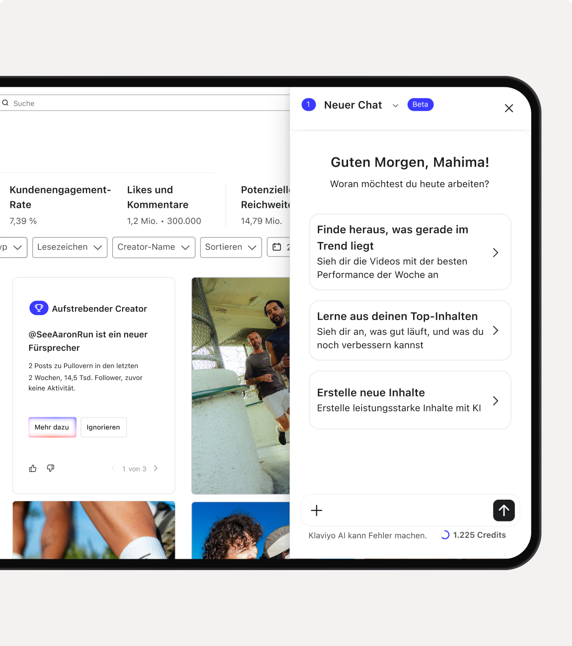 A dashboard displaying content analytics and an AI chat assistant offering content creation and analysis prompts.