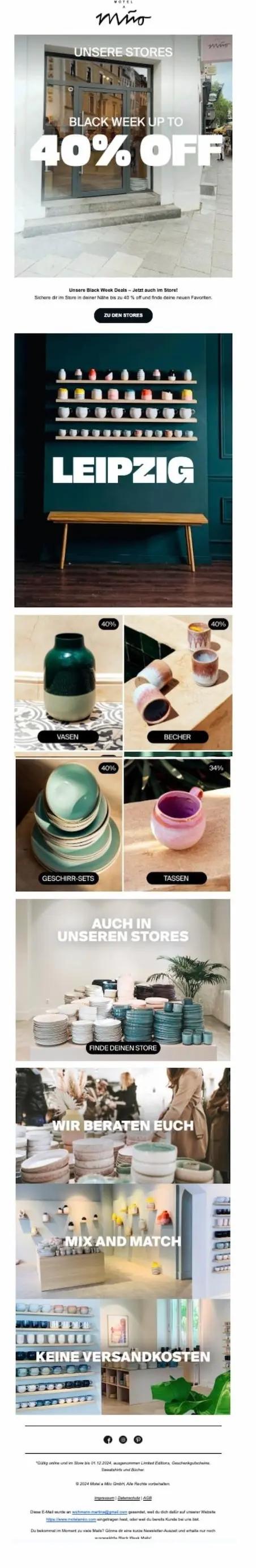 Black Friday Newsletter von Motel a Miio mit 40% Rabatt. Bilder von Keramikprodukten, Geschirrsets und Ladenansichten.