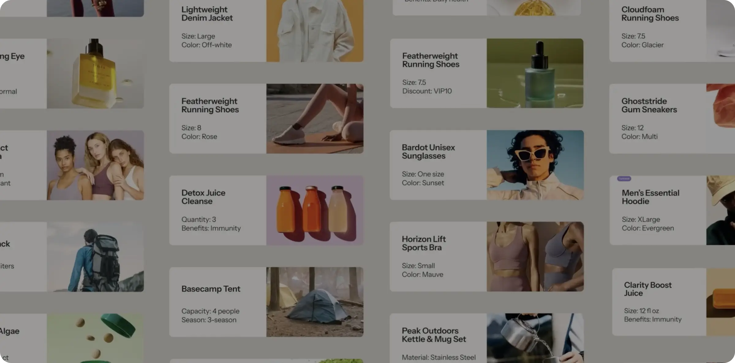 Grid of product listings featuring clothing, footwear, sunglasses, juice bottles, and camping gear with descriptions and images.