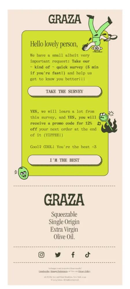 Image shows black text on a vibrant green background, with an upside down cartoon character squirting a bottle of olive oil while performing a headstand. CTA buttons read, “Take the survey” and “I’m the best.”